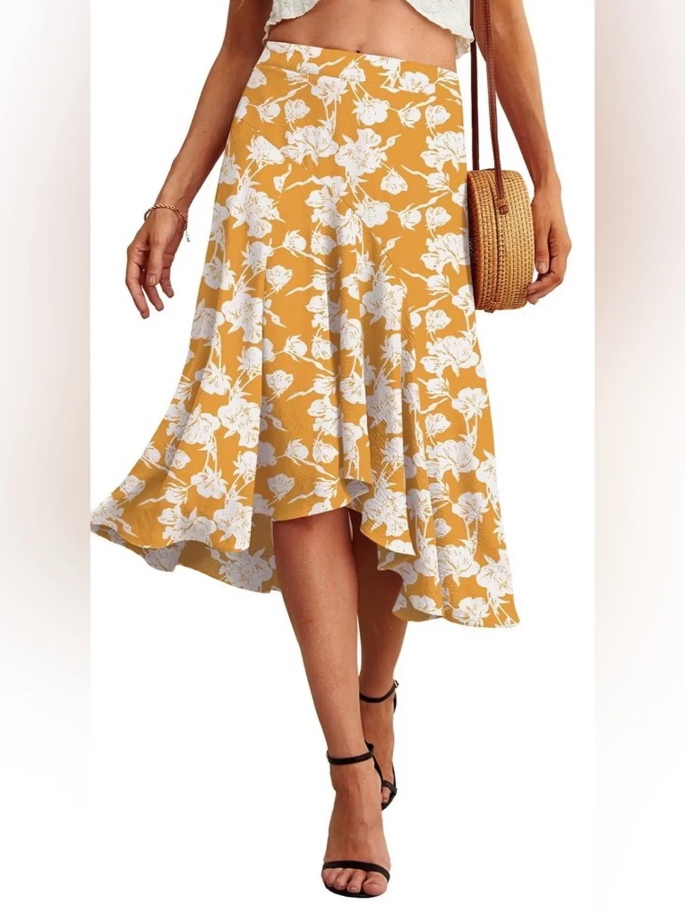 High-Low Floral Midi Skirt in Mustard Yellow